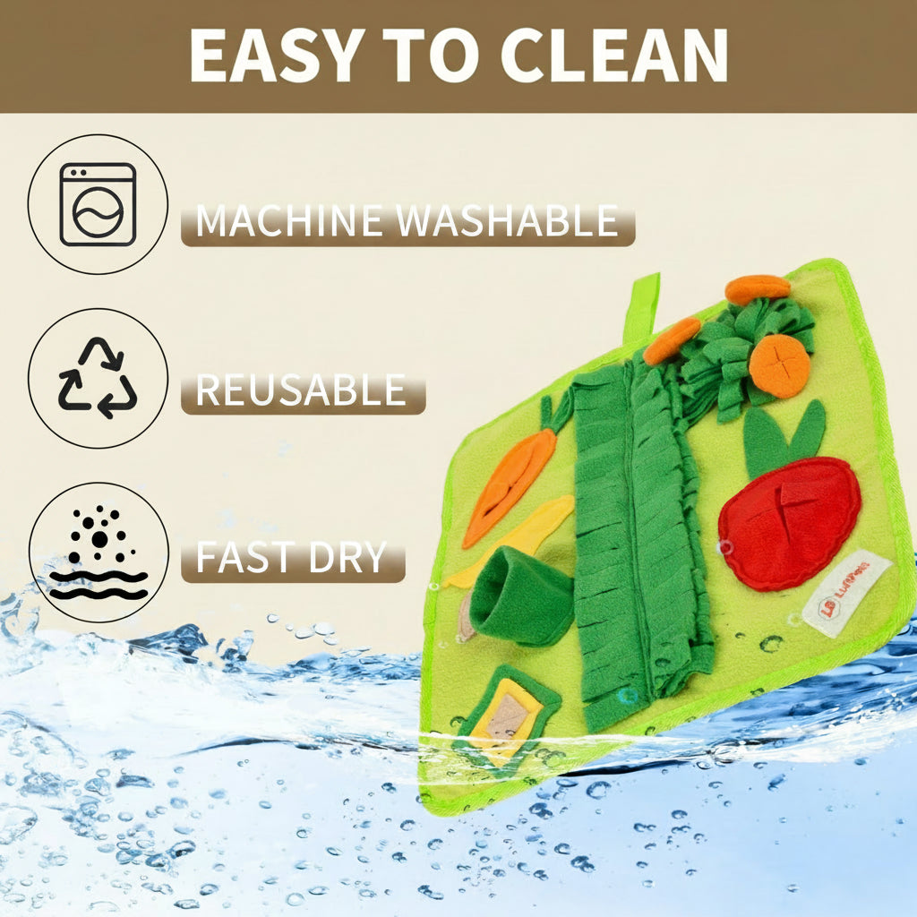 Reusable product with washing symbols and text indicating ease of cleaning on a water background