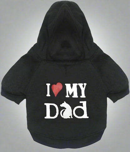 Small pet black hoodie with "I heart my dad" on the back