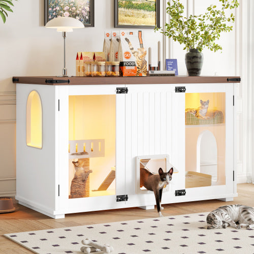 47.25" Large Cat Litter Box Enclosure with LED Light - Hidden Litter Box Furniture, Cat House with Stairs and Cat Scratching Post, Cat Cabinet Side Table with Smart Doors for Living Room, White