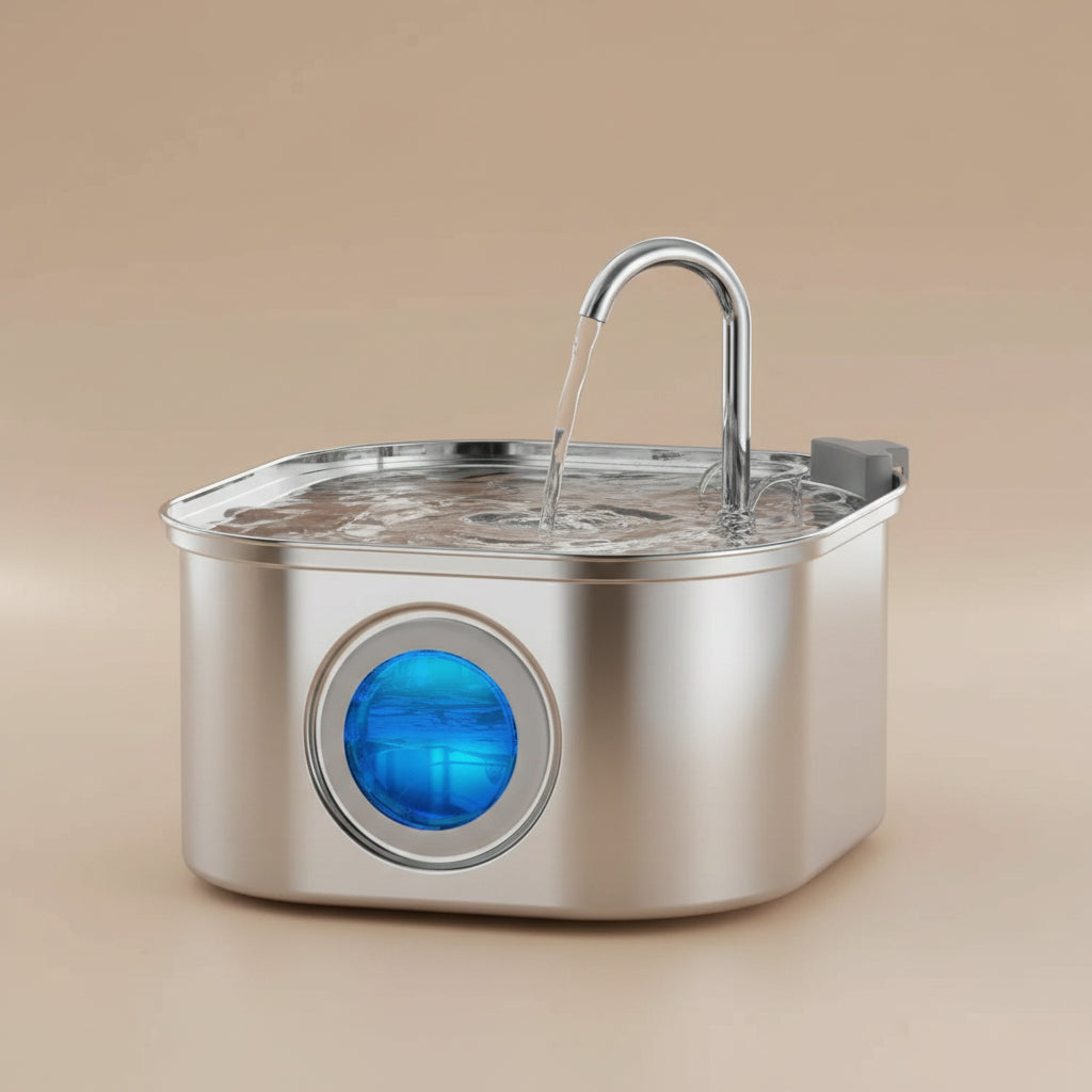 Stainless steel water fountain with blue light indicator on a beige background