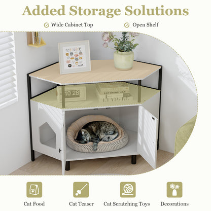 Corner Cat Litter Box Enclosure with Open Shelf 2 Entrances and Metal Legs