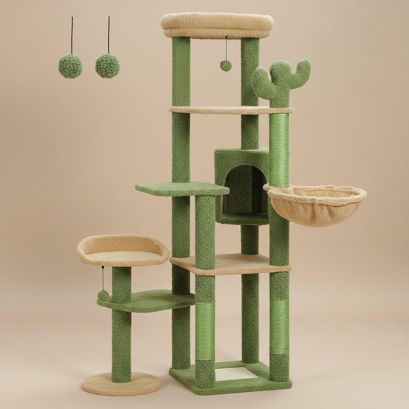 Cactus Tall Cat Tree for Large Cat Multi-Level Cat Tower for Indoor Cats Cat Condo with Large Hammock Scratching Post 2 Perches