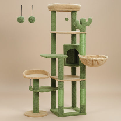 Cactus Tall Cat Tree for Large Cat Multi-Level Cat Tower for Indoor Cats Cat Condo with Large Hammock Scratching Post 2 Perches