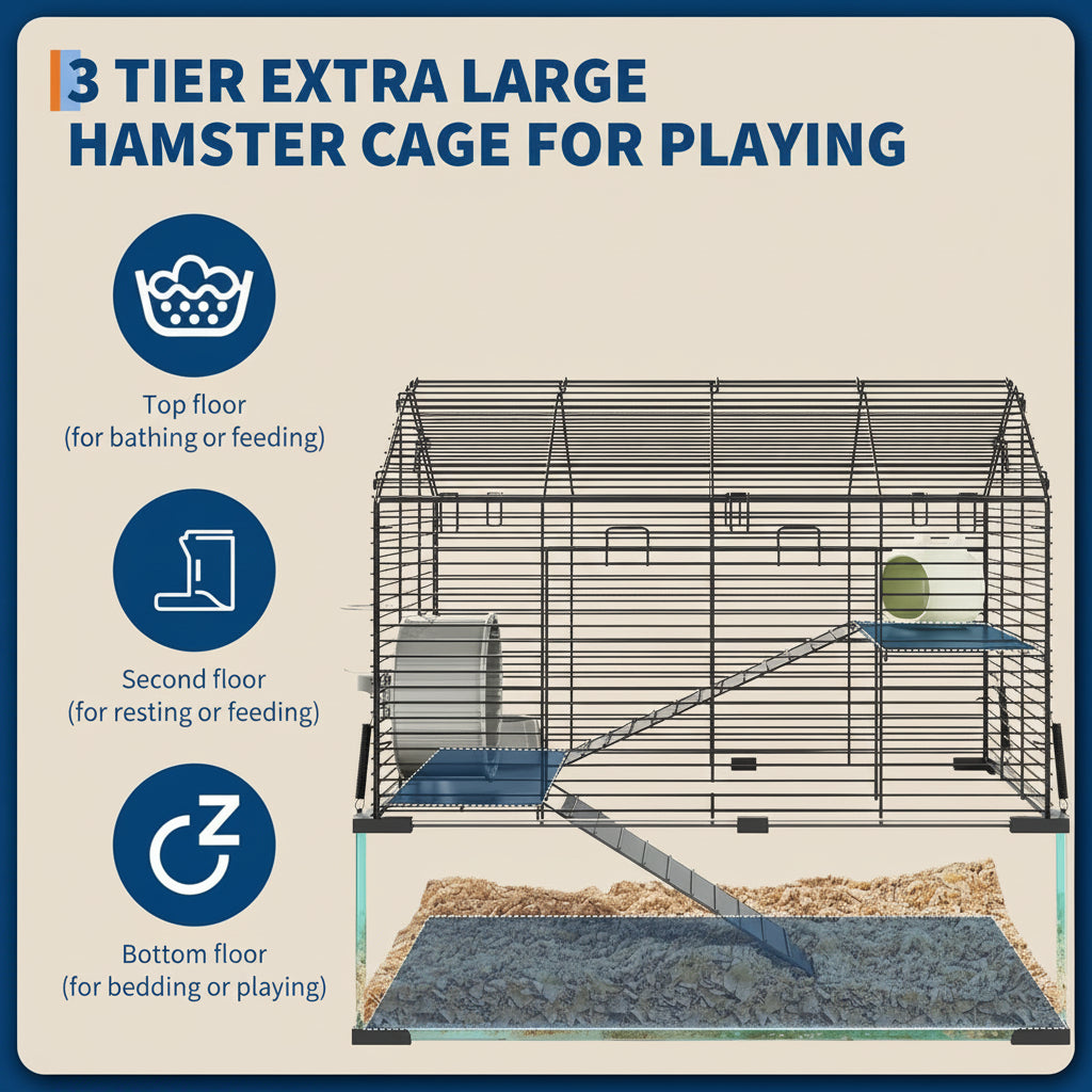 Metal Hamster Cage, Transparent Small Animal Cage Habitats with Water Bottle for Rats Hamsters & Hedgehogs Guinea Pigs