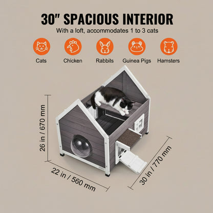 Pet house with dimensions and features for cats, chickens, rabbits, guinea pigs, and hamsters in a home setting.