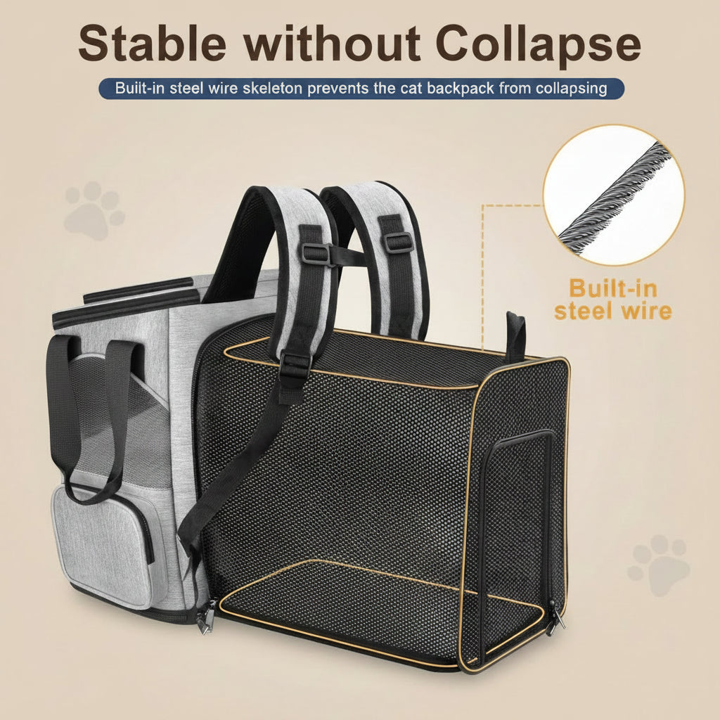 Pet backpack with built-in steel wire skeleton on a white background