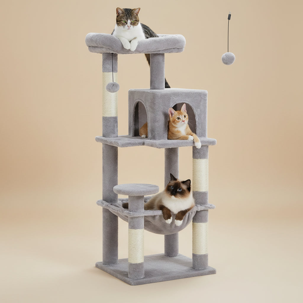 Cat tree with multiple cats on a white background
