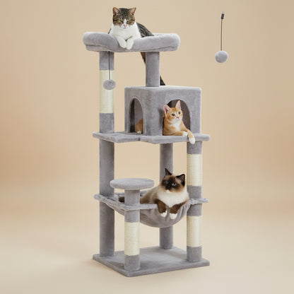 Cat tree with multiple cats on a white background