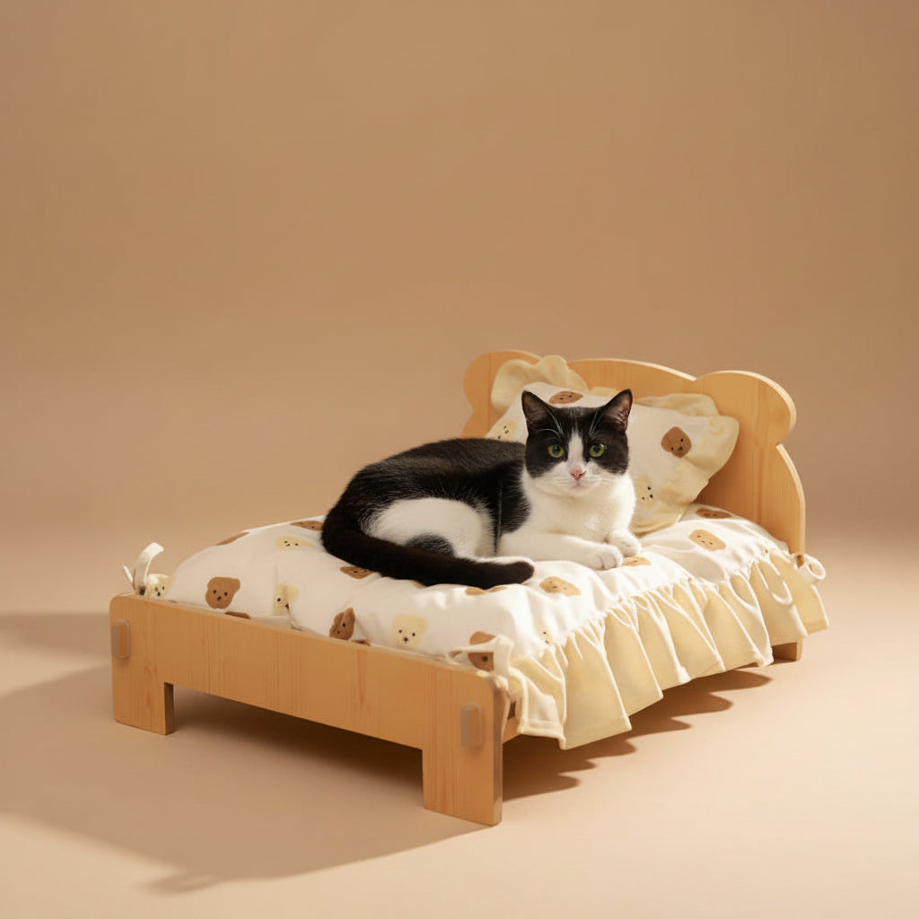 Cat lying on a small wooden bed with teddy bear design