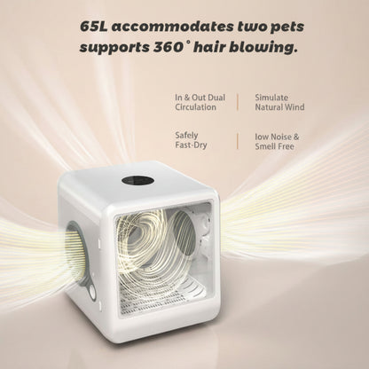 White pet dryer with text highlighting features on a beige background
