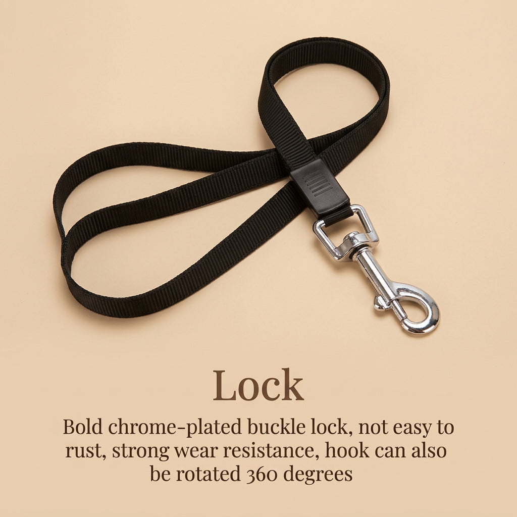 Black lanyard with a chrome-plated buckle lock on a white background