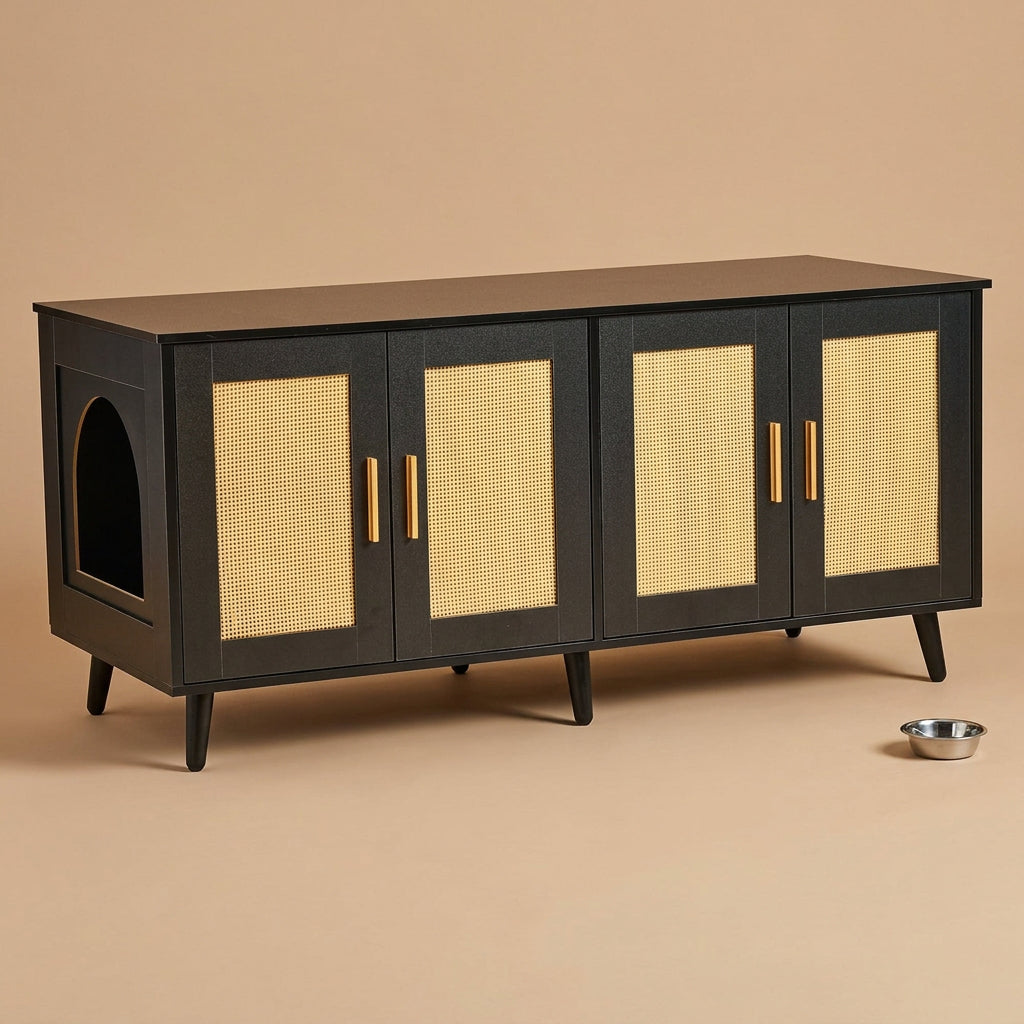 A mid-century modern sideboard cabinet with a black wood finish, featuring four doors with woven cane panels and gold-tone handles, supported by tapered black legs.