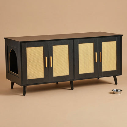 A mid-century modern sideboard cabinet with a black wood finish, featuring four doors with woven cane panels and gold-tone handles, supported by tapered black legs.