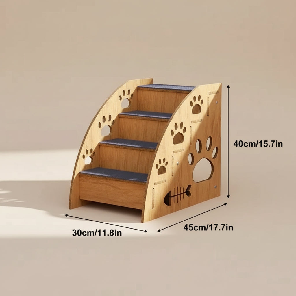 Wooden pet stairs with paw prints and measurements on a white background