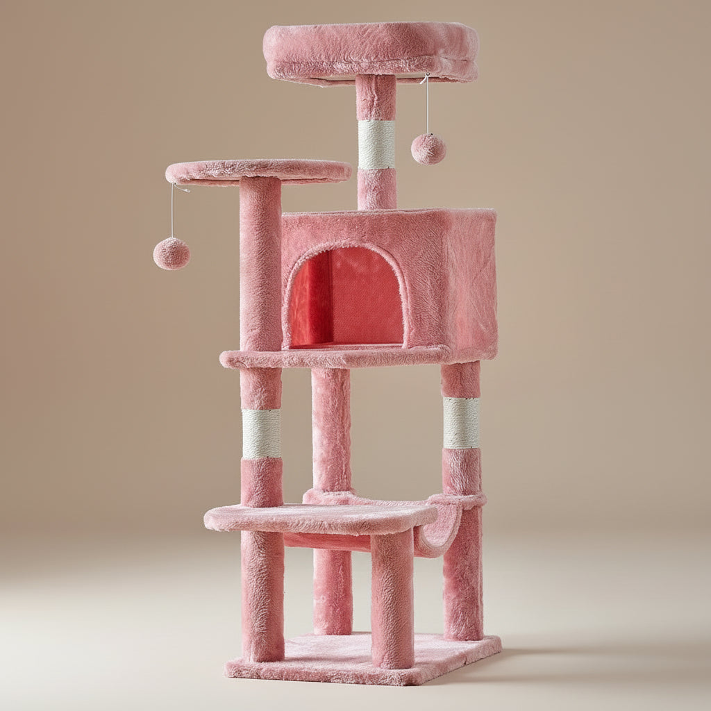 Pink cat tree with multiple levels and hanging toys on a beige background