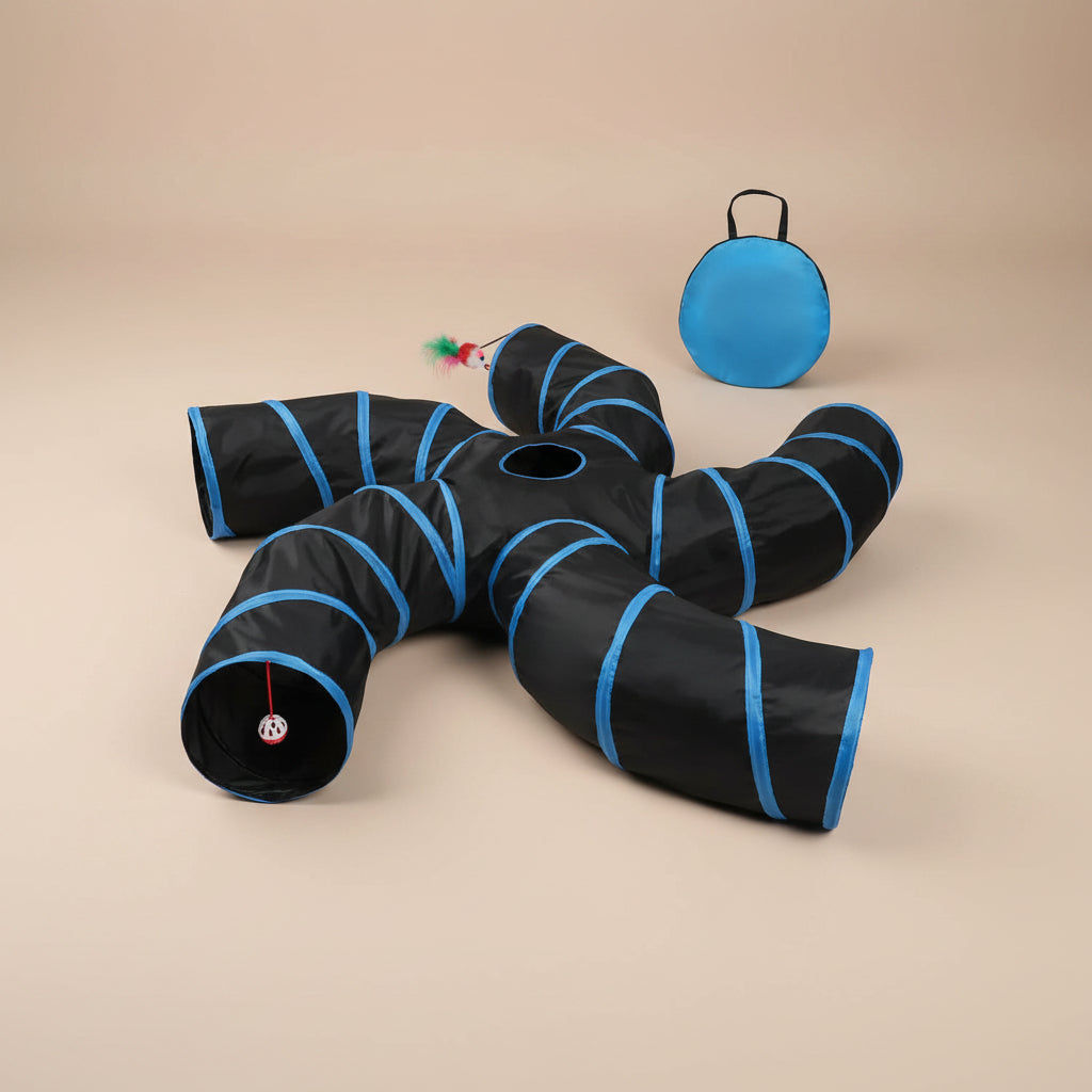 Black and blue cat tunnel with a ball and toys on a beige background