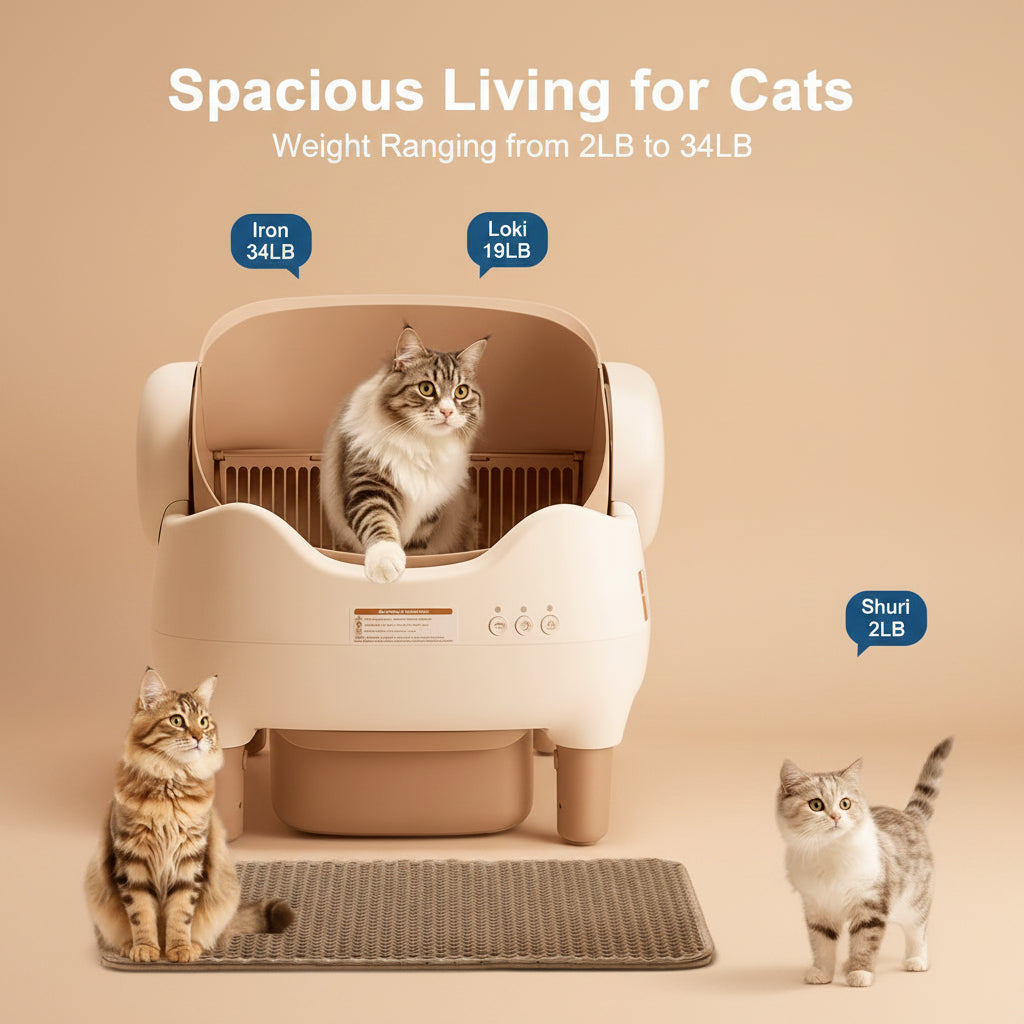 Cat litter box with cats of different weights displayed, on a beige background.
