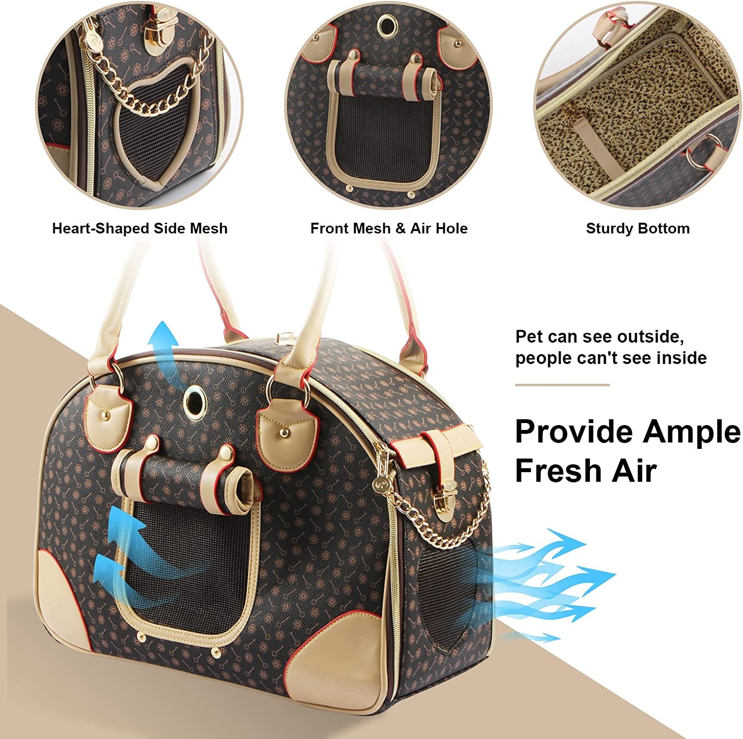 Fashion Dog Carrier PU Leather Dog Handbag Dog Purse Cat Tote Bag Pet Cat Dog Hiking Bag, Brown, Large