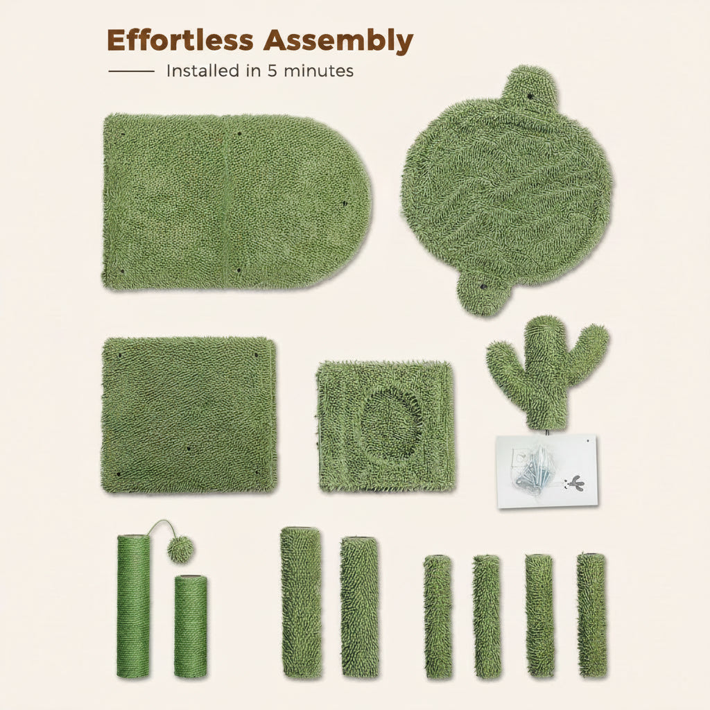 Green pet play set with various components and assembly text on a beige background