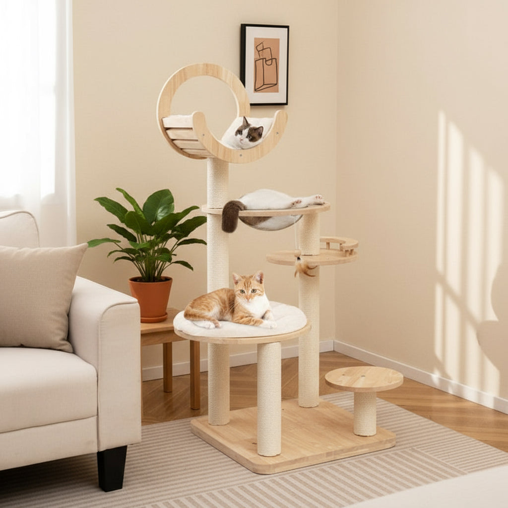 4-In-1 Large Wooden Cat Tower with Space Capsule Nest for Indoor Cats