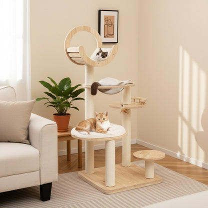 4-In-1 Large Wooden Cat Tower with Space Capsule Nest for Indoor Cats
