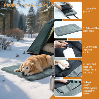 Dog lying on a heated mat outdoors with product usage steps displayed.