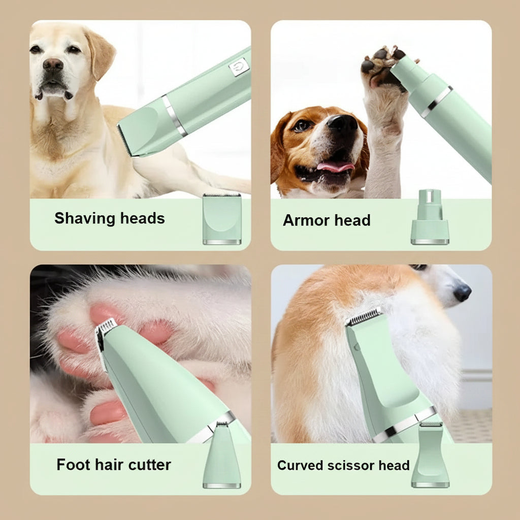 Pet grooming tool with various heads for different grooming tasks on a beige background.