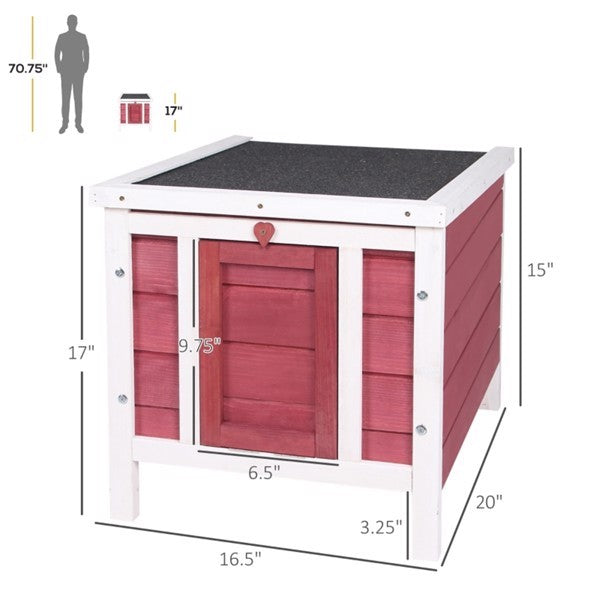 Red and white wooden pet house with dimensions labeled on a white background