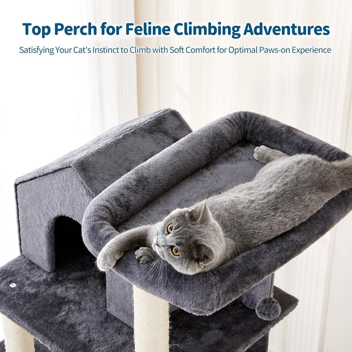 60 Inch Multi-Level Cat Tree For Indoor Cats | Plush Hammock, Cozy Cat House, Scratching Post, Top Perch And Two Hanging Balls