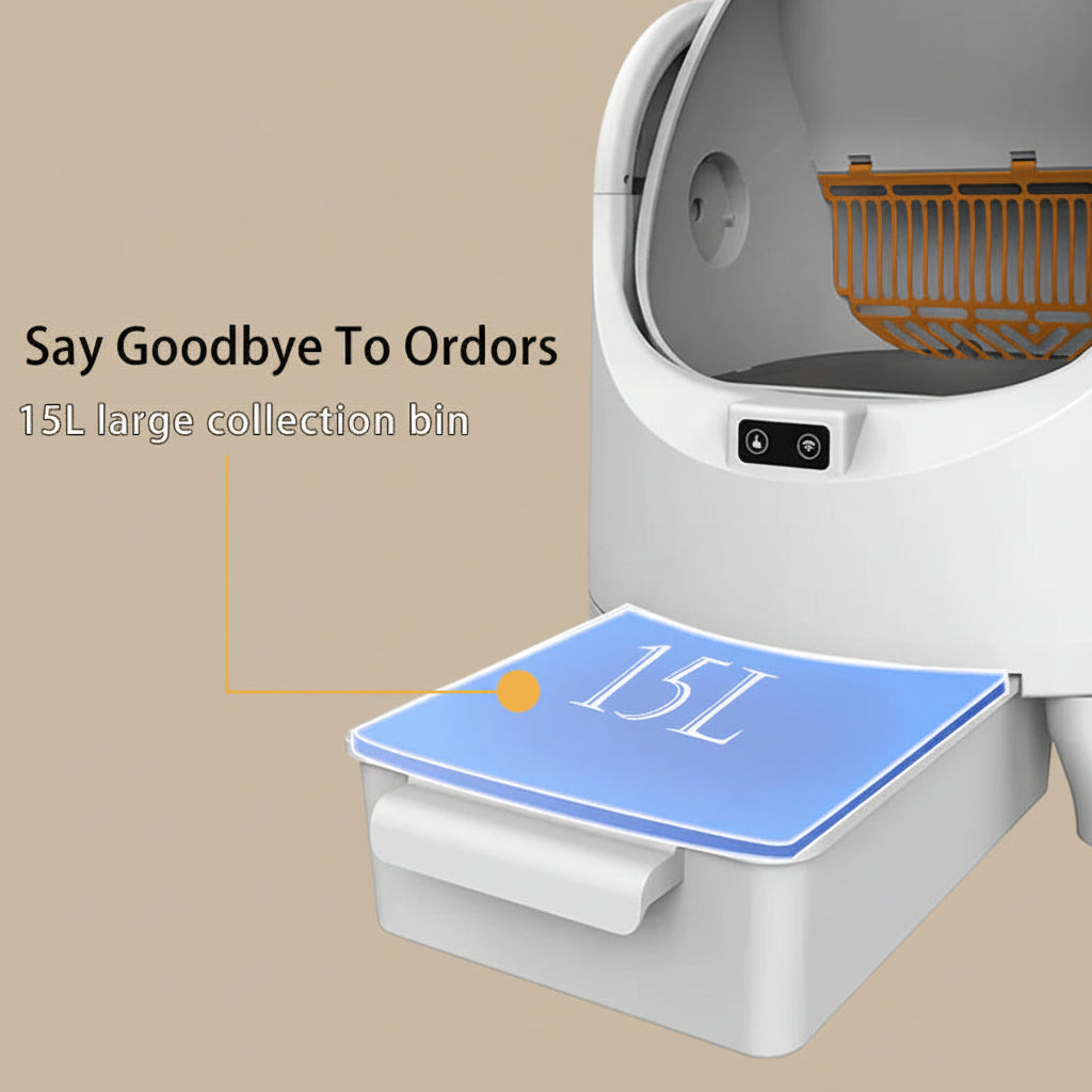 Waste disposal unit with a large collection bin labeled '15L' on a white background.
