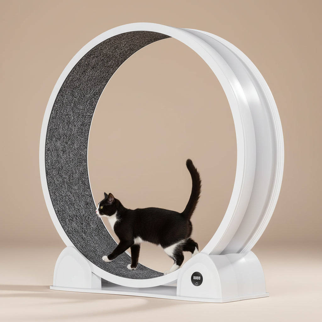 Cat playing with a white running wheel toy on a beige background