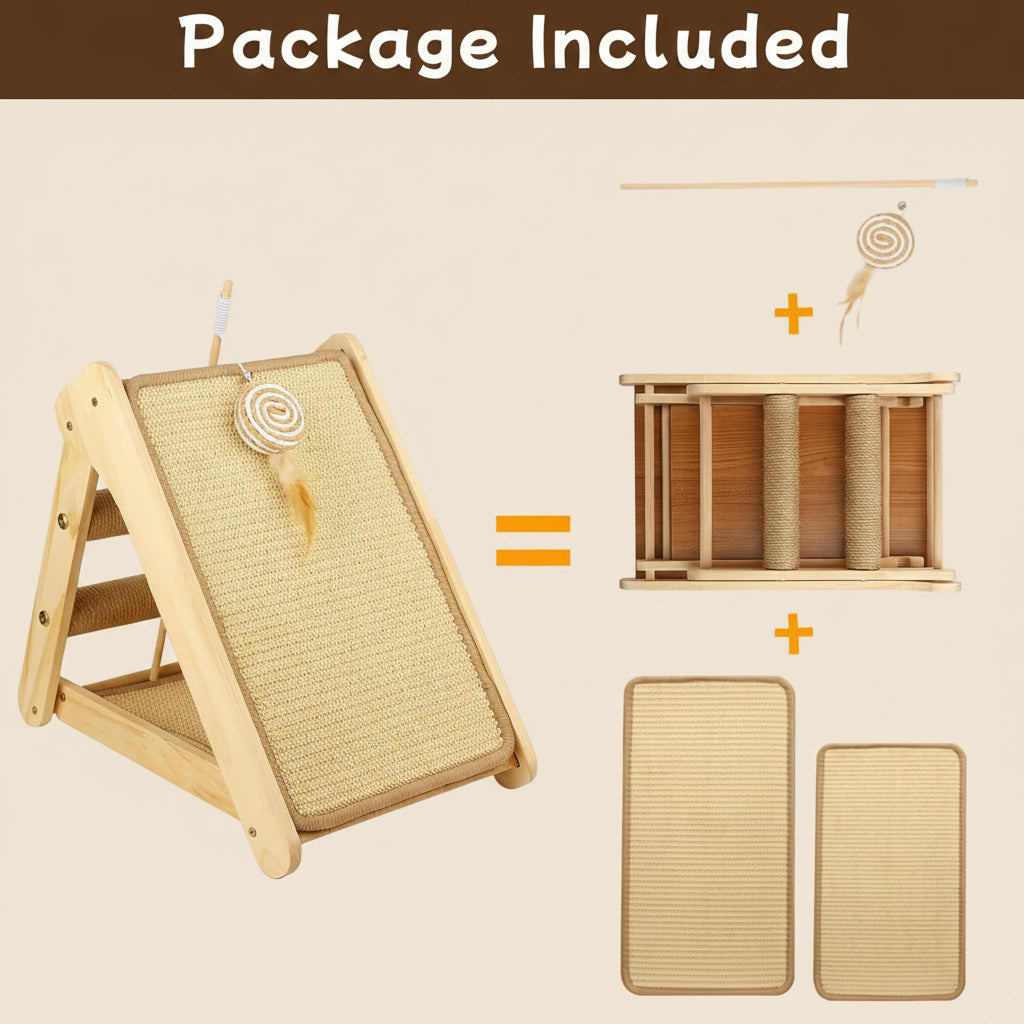 Set of wooden pet products including a ramp, scratching post, and mat on a white background.
