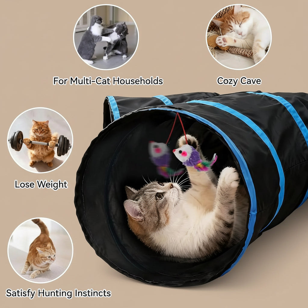 Cat playing with a tunnel toy on a beige background, with text indicating benefits for multi-cat households and satisfying hunting instincts.