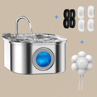 Stainless steel pet water fountain with additional filters and nozzles on a beige background
