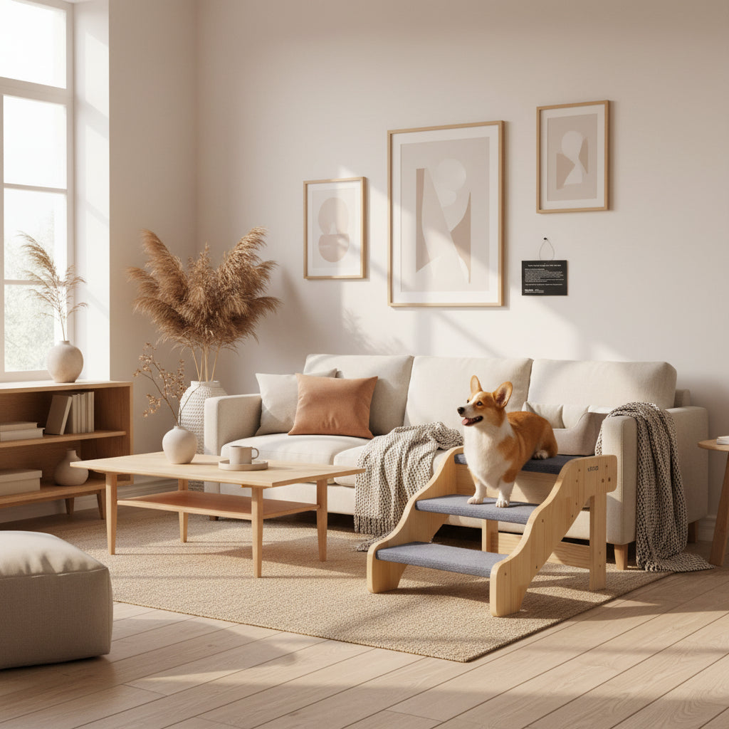 Dog using a wooden 3 step pet stairs with blue padding in front of a sofa in a living room setting.