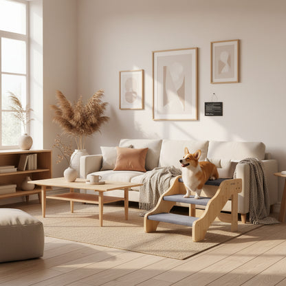 Dog using a wooden 3 step pet stairs with blue padding in front of a sofa in a living room setting.