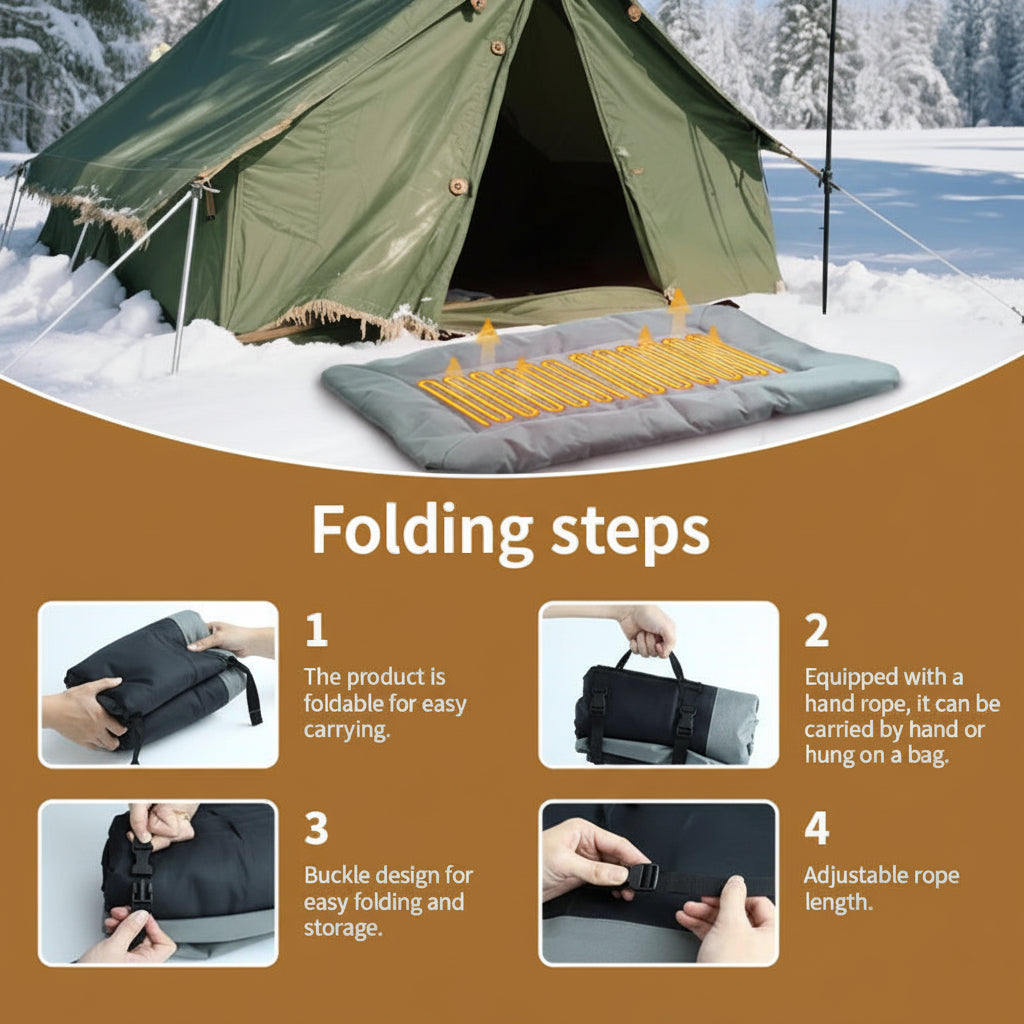 Camping mat with folding instructions on a brown background