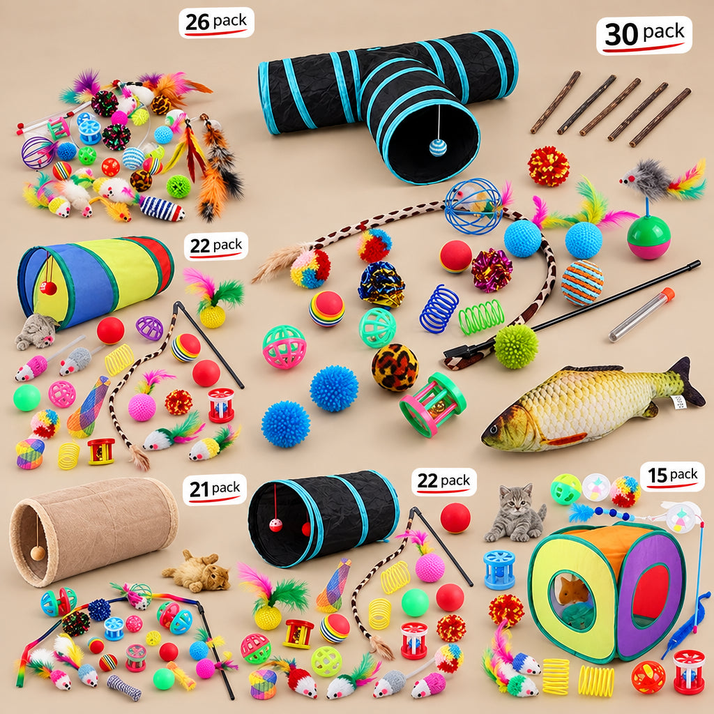 Assorted cat toys including tunnels, balls, and wands on a beige background with cats interacting.