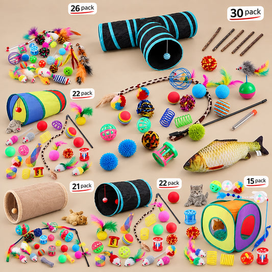 Assorted cat toys including tunnels, balls, and wands on a beige background with cats interacting.