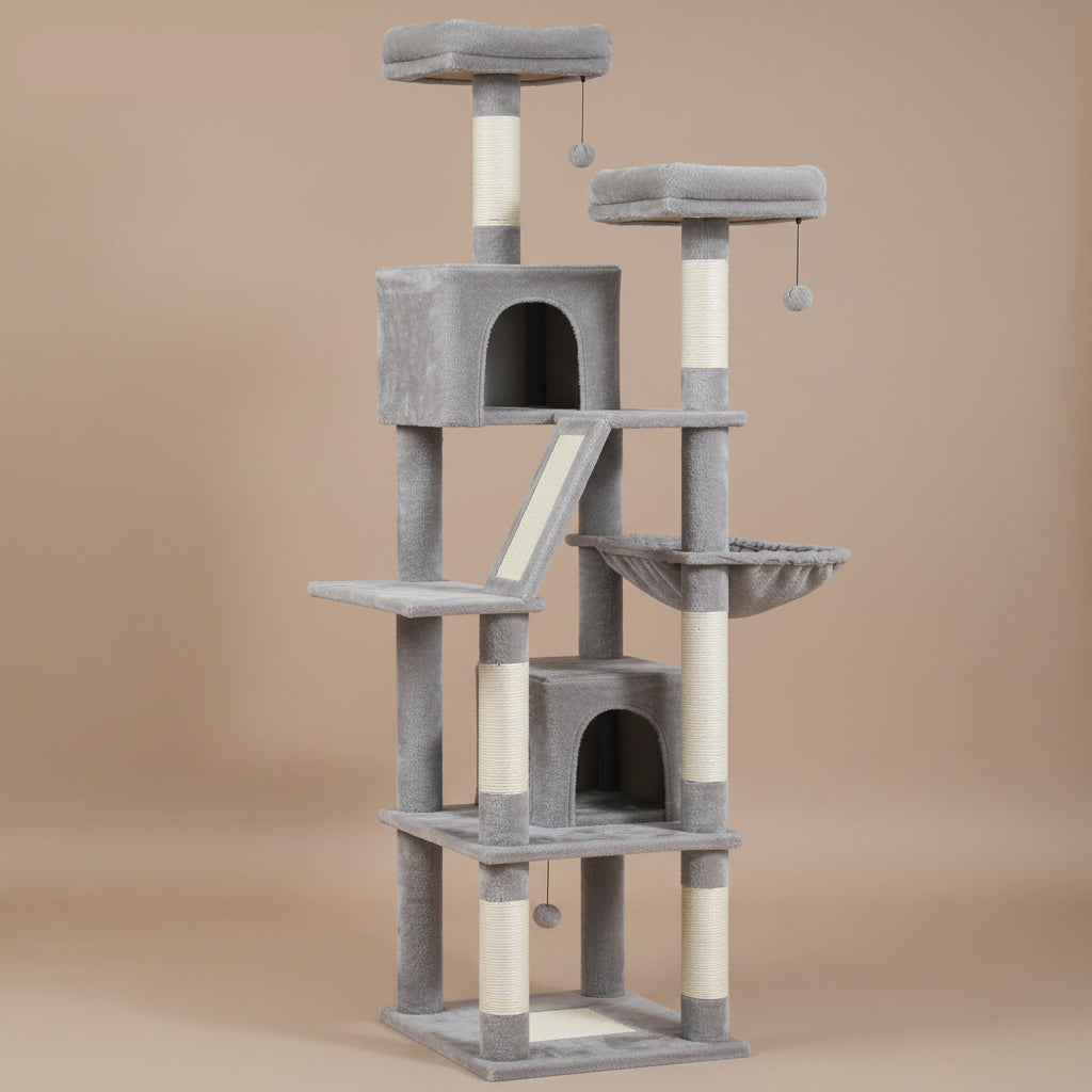 Cat tree with multiple levels and platforms on a beige background