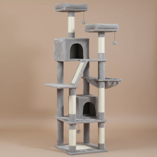 Cat tree with multiple levels and platforms on a beige background