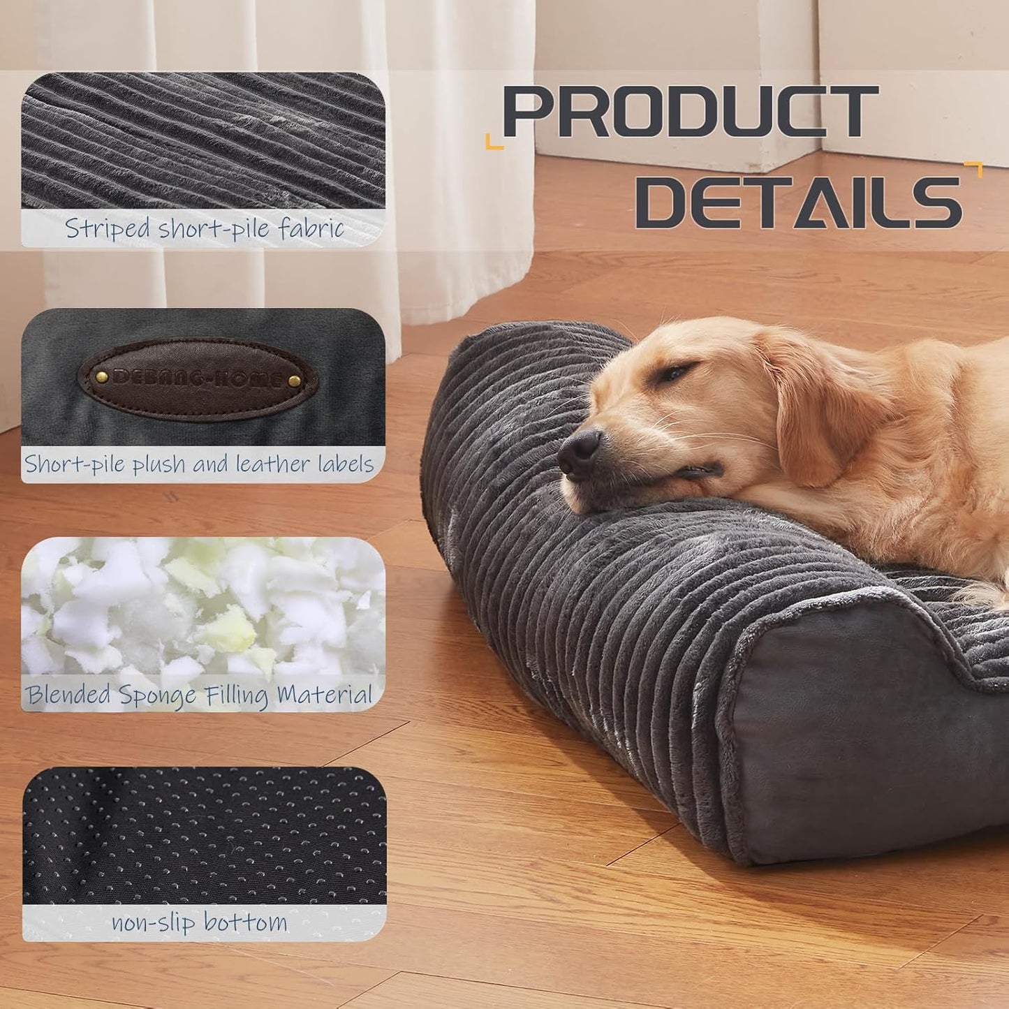 Dog lying on a gray pet bed with product details shown.