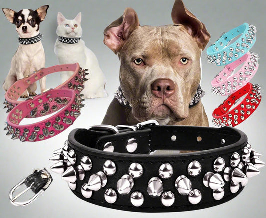 Spiked Studded Leather Dog Collar Rivets Pet Small Large Cat Pit Bull Adjustable
