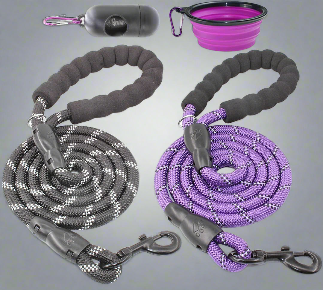 2 Packs 5/6 FT Dog Leash with Comfortable Padded Handle and Highly Reflective Threads Dog Leashes for Small Medium and Large Dogs (5FT-1/2'', Black+Purple)