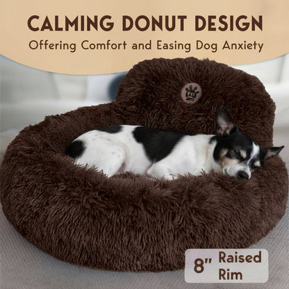 Dog lying on a brown donut-shaped pet bed with text about calming design and comfort.