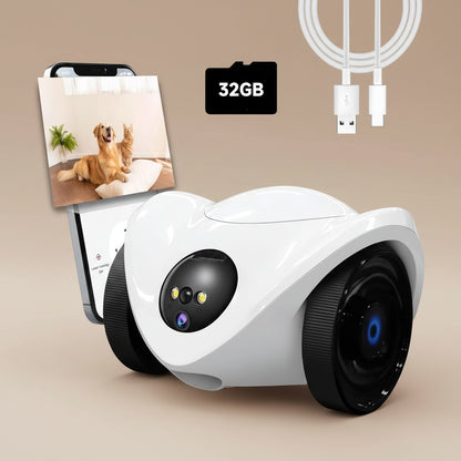 White electronic device with camera lens, 32GB memory card, and USB cable on a beige background