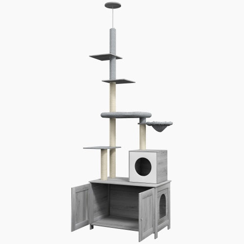 PawHut Cat Tree with Litter Box Enclosure - 2 in 1 Floor to Ceiling Cat Tower Litter Box Furniture with Condo, Bed, Hammock, Scratching Posts, and Platforms for Indoor Use, Gray