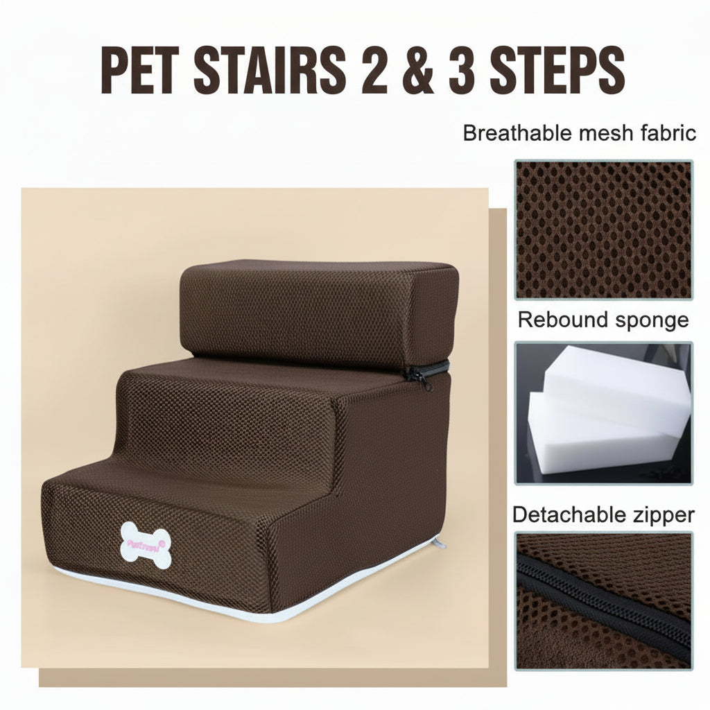 Brown pet step with breathable mesh fabric, rebound sponge, and detachable zipper on a beige background.