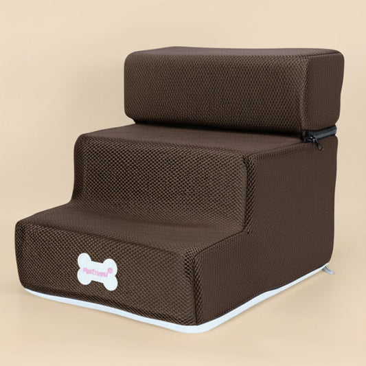 Brown pet stairs with breathable mesh fabric, rebound sponge, and detachable zipper on a beige background.