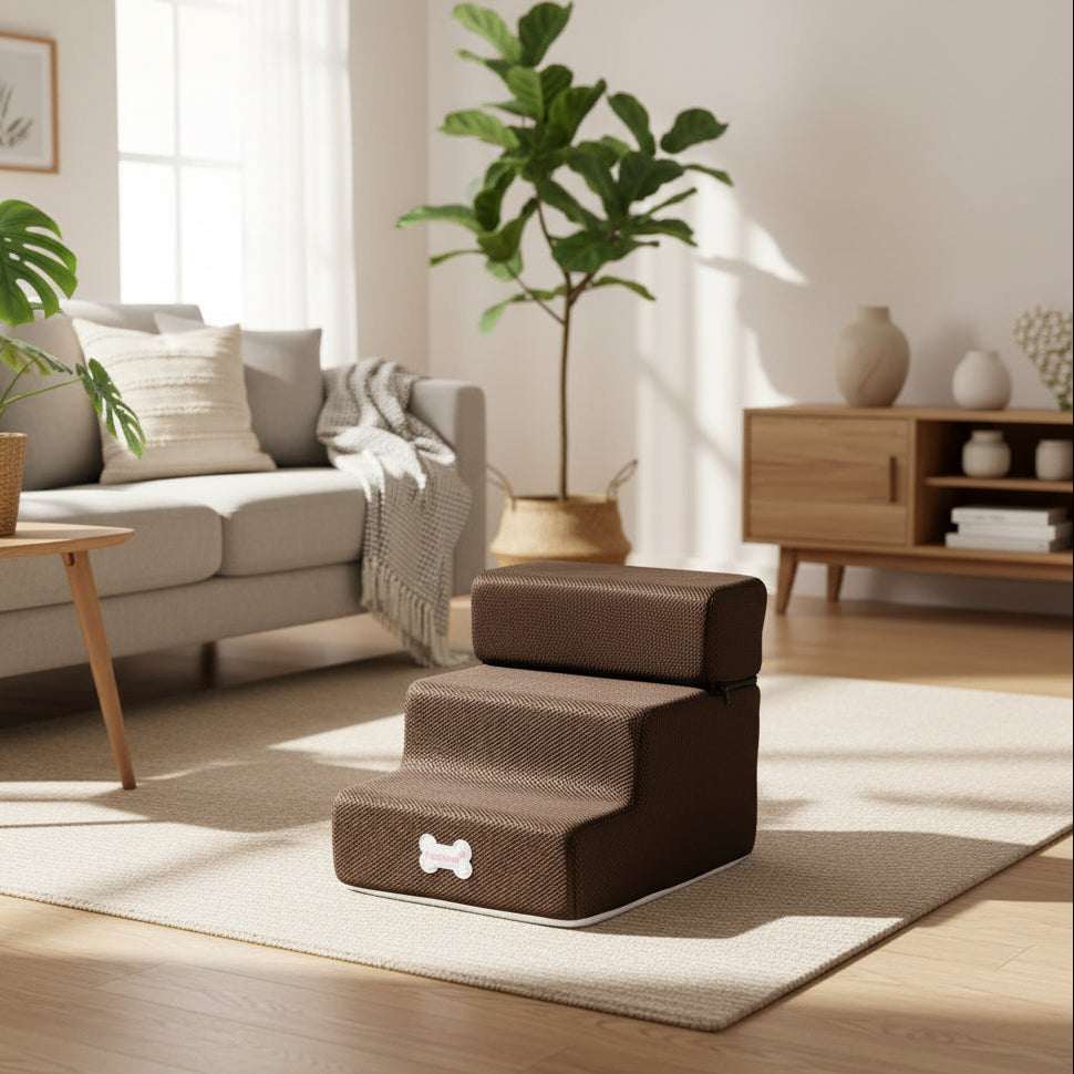 Brown pet stairs with breathable mesh fabric, rebound sponge, and detachable zipper in a living room setting.